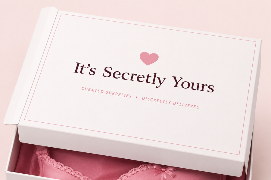 It's Secretly Yours Date Night Box in cream and blush branded packaging